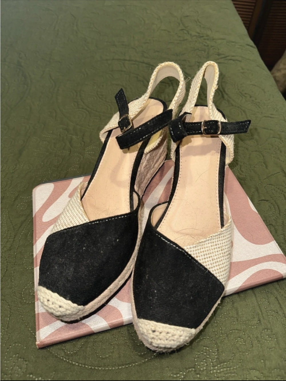 Black and Cream Espadrille Slingback Wedges - Women